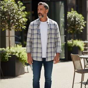 Everlane 100% Linen Sage Green Navy Plaid Button Down Shirt Men’s Small